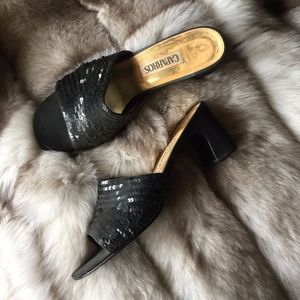 Black Sequin Heeled Caparros Sandals